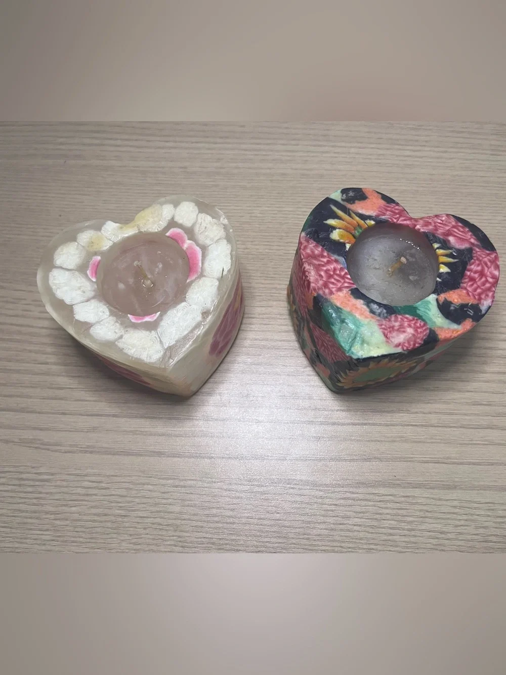 Lot of 2 Vintage Heart Shaped Floral Wax Decorative Candles